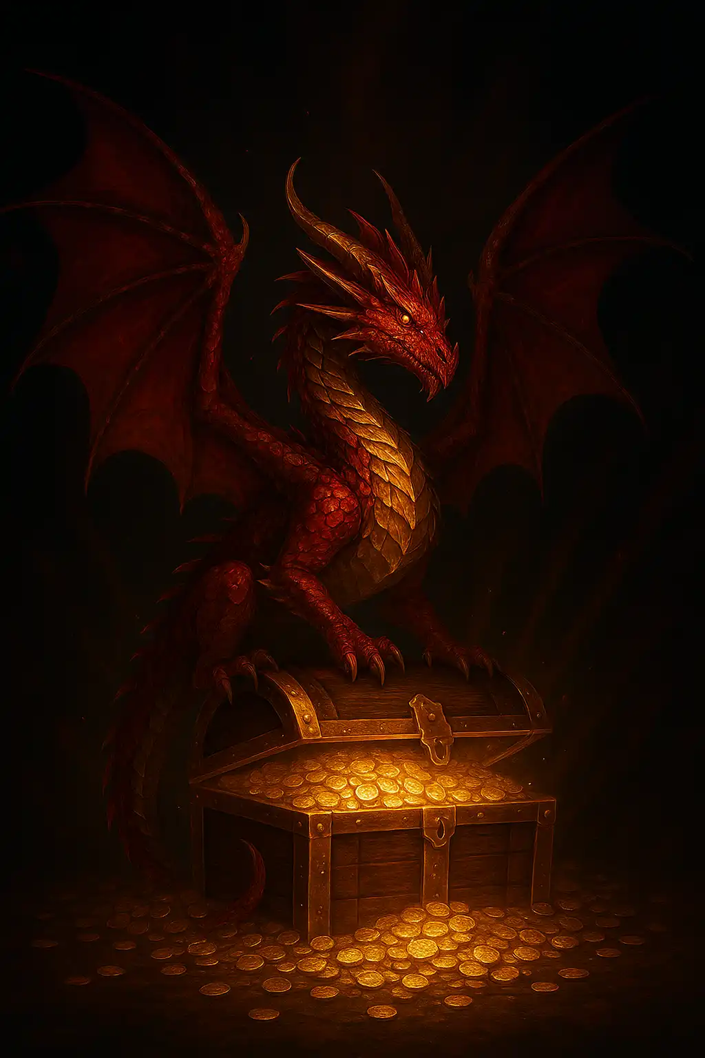 Dragon and treasure chest illustration for Drakaris Casino
