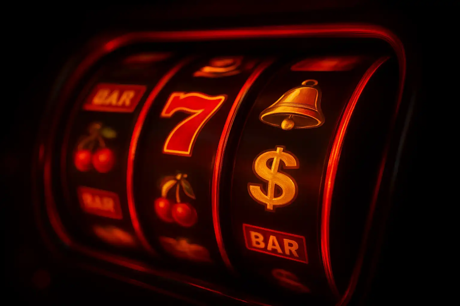 Slot machine reels lit up in red and gold