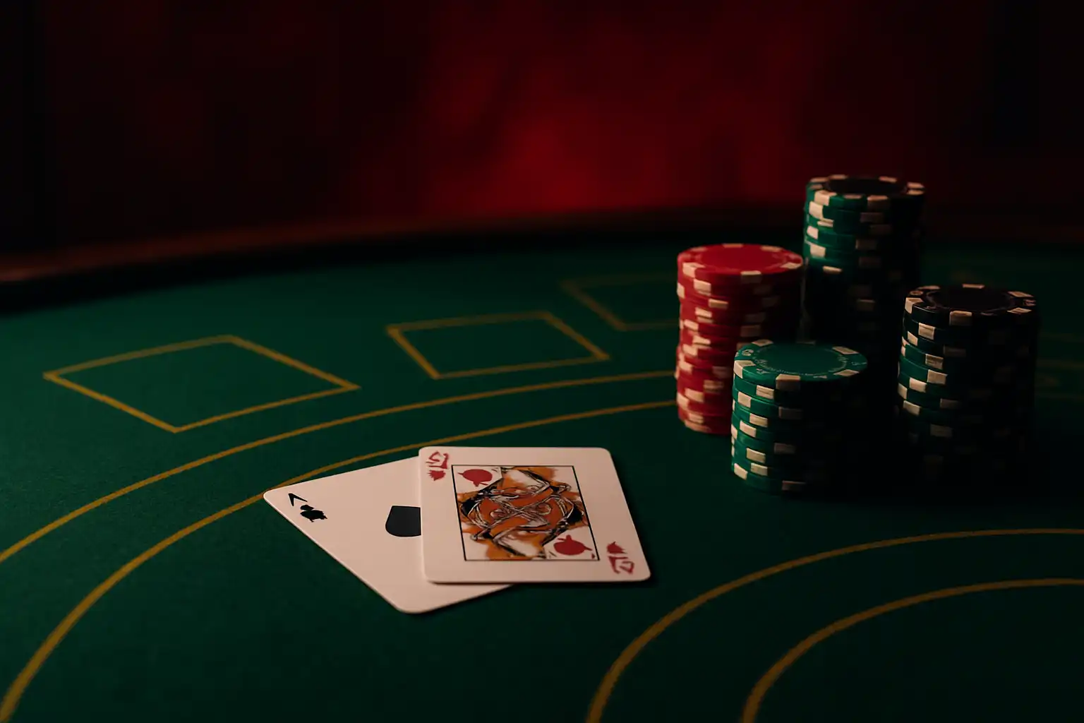 Green felt blackjack table with cards and chips